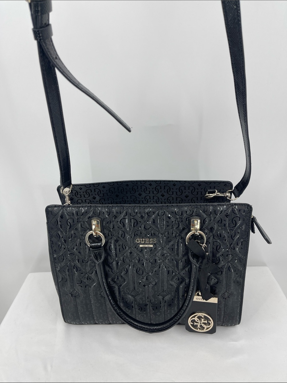 GUESS Black Embossed Satchel with Gold Accents PURSE/SHOULDER BAG